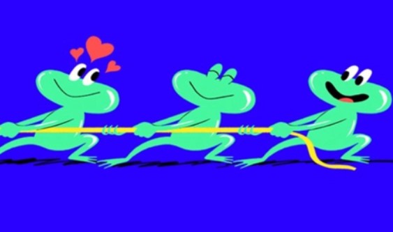 Três sapos verdes em fundo azul da Goldenergy.